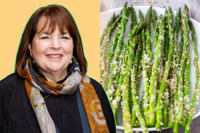 Ina Garten next to a plate of roasted asparagus
