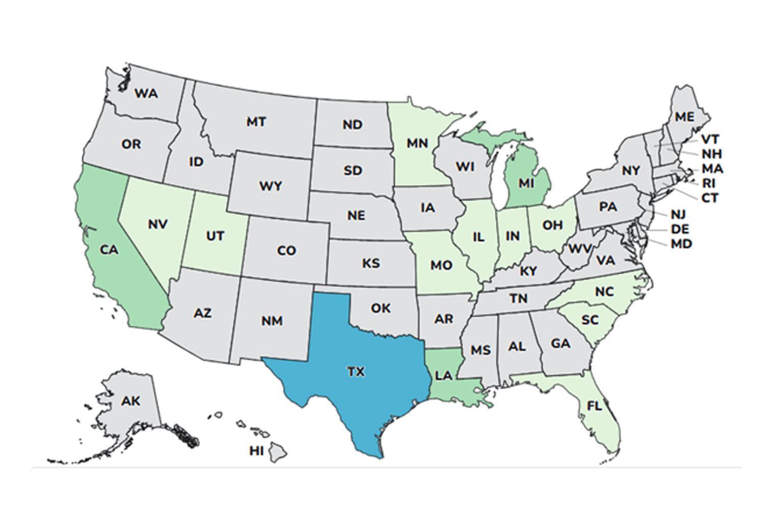 A map of the United States highlighting Texas in blue and some other states in green