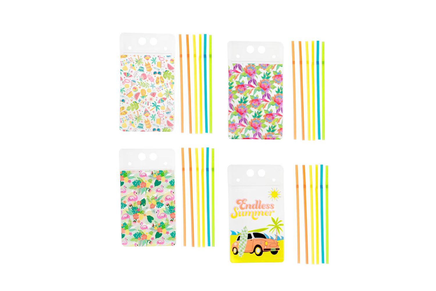 Four reusable drink pouches with different summer patterns on each pouch.