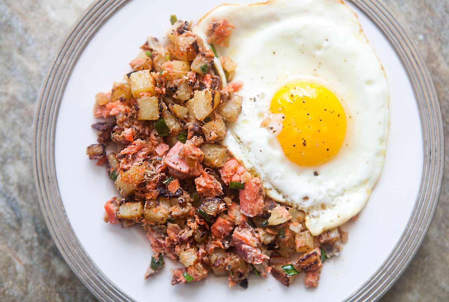 Smoked Salmon Hash with a fried egg on a plate