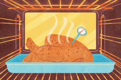 Illustration of turkey cooking in the oven