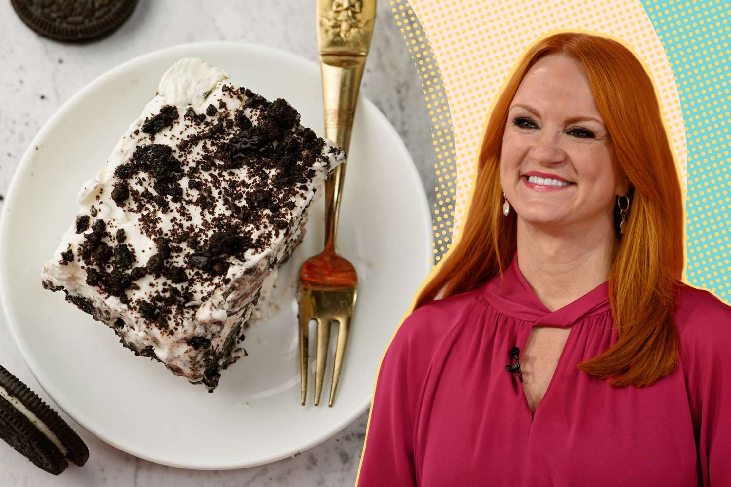Split image with Ree Drummond and a plate with a slice of ice box cake