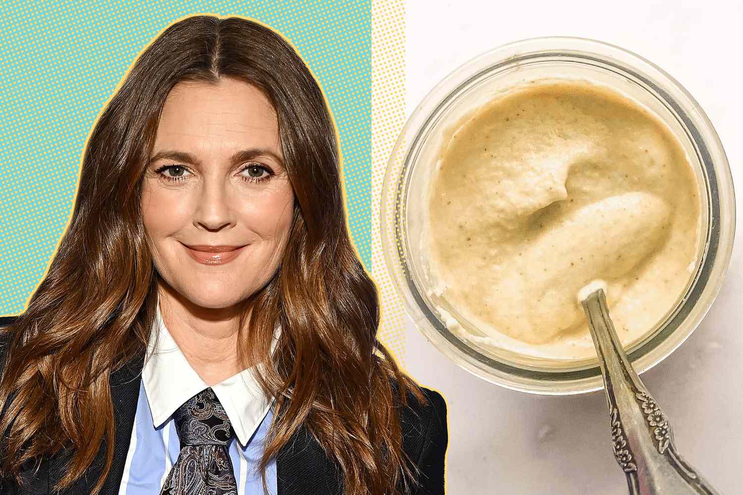 Drew Barrymore next to a jar of cashew dressing with a spoon.