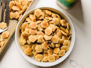 Bowl of seasoned snack crackers