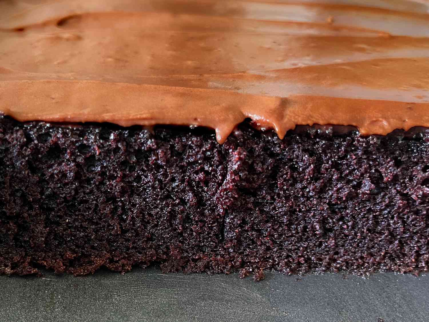A cross section of sour cream chocolate cake