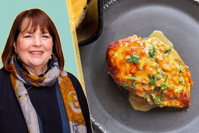 Headshot of Ina Garten next to her Chicken With Shallots recipe on a black plate