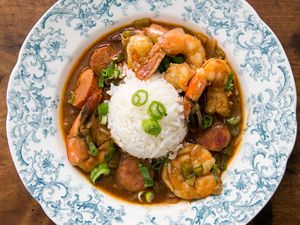 Creole Shrimp Gumbo with Andouille Sausage served in a shallow bowl
