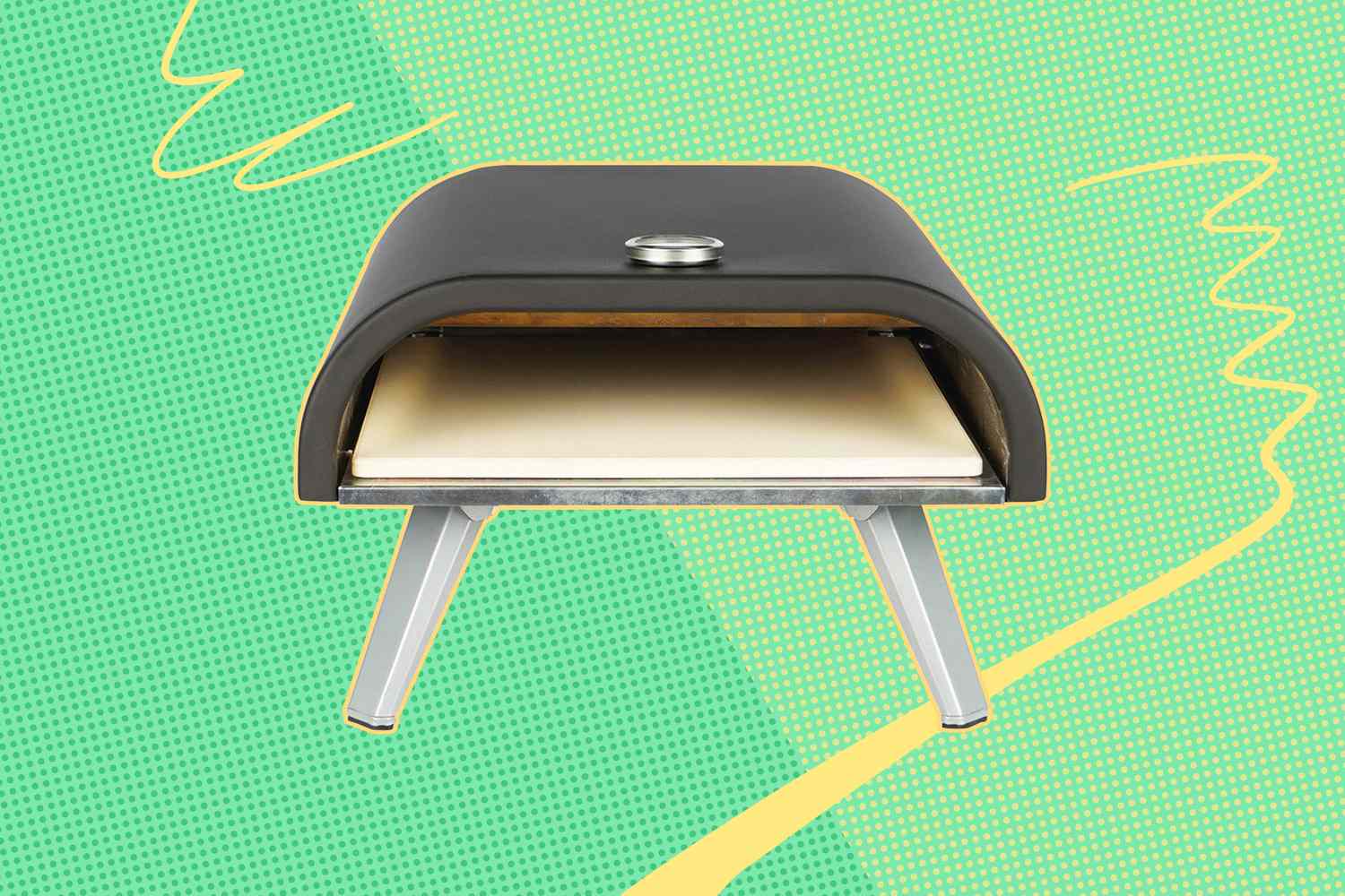 A compact outdoor pizza oven with a minimalist design and a light background open front to view cooking surface