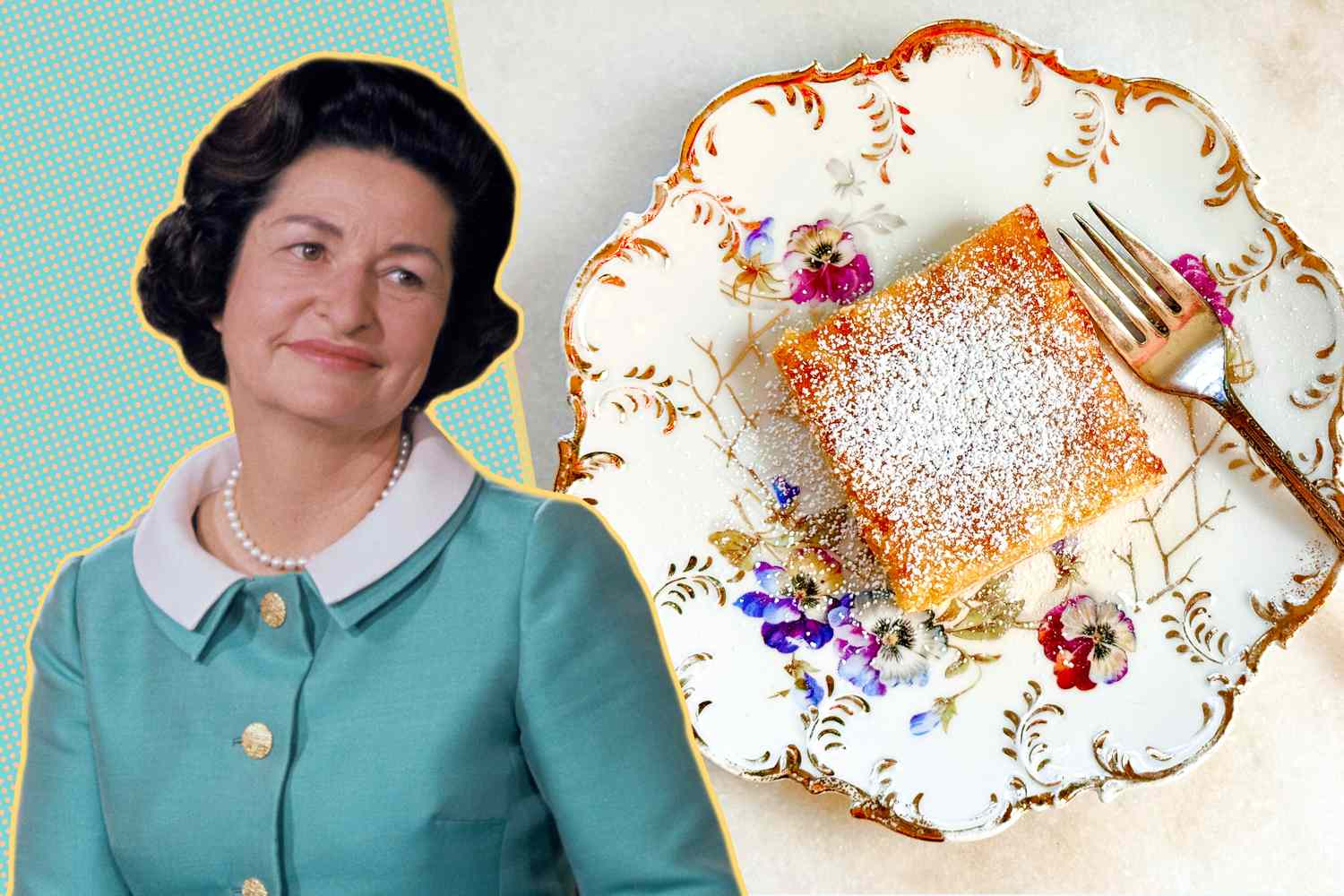 Lady Bird Johnson and a plate with a lemon square and a fork