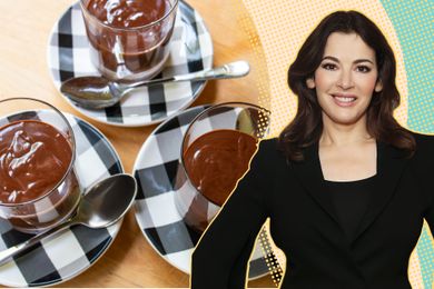 Nigella Lawson beside a display of desserts in glasses