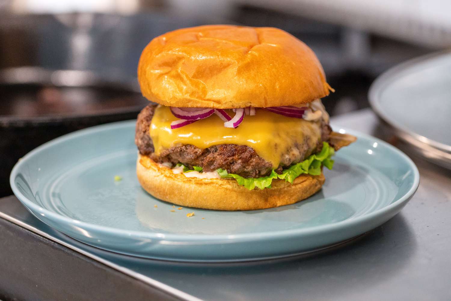 Burger with Cheese, Red Onions, and Lettuce on a Plate on a Kitchen Counter for How to Make a Burger on the Stove