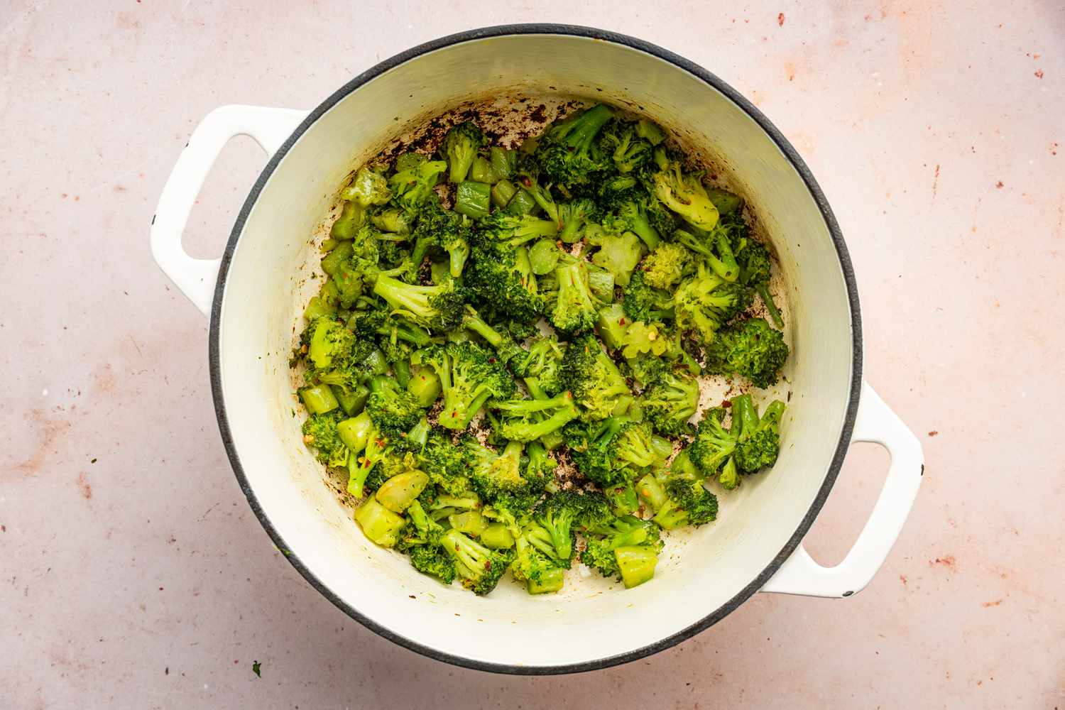 Broccoli Cooked in a Dutch Oven with Seasoning and Chili Flakes for Chicken and Broccoli Pasta