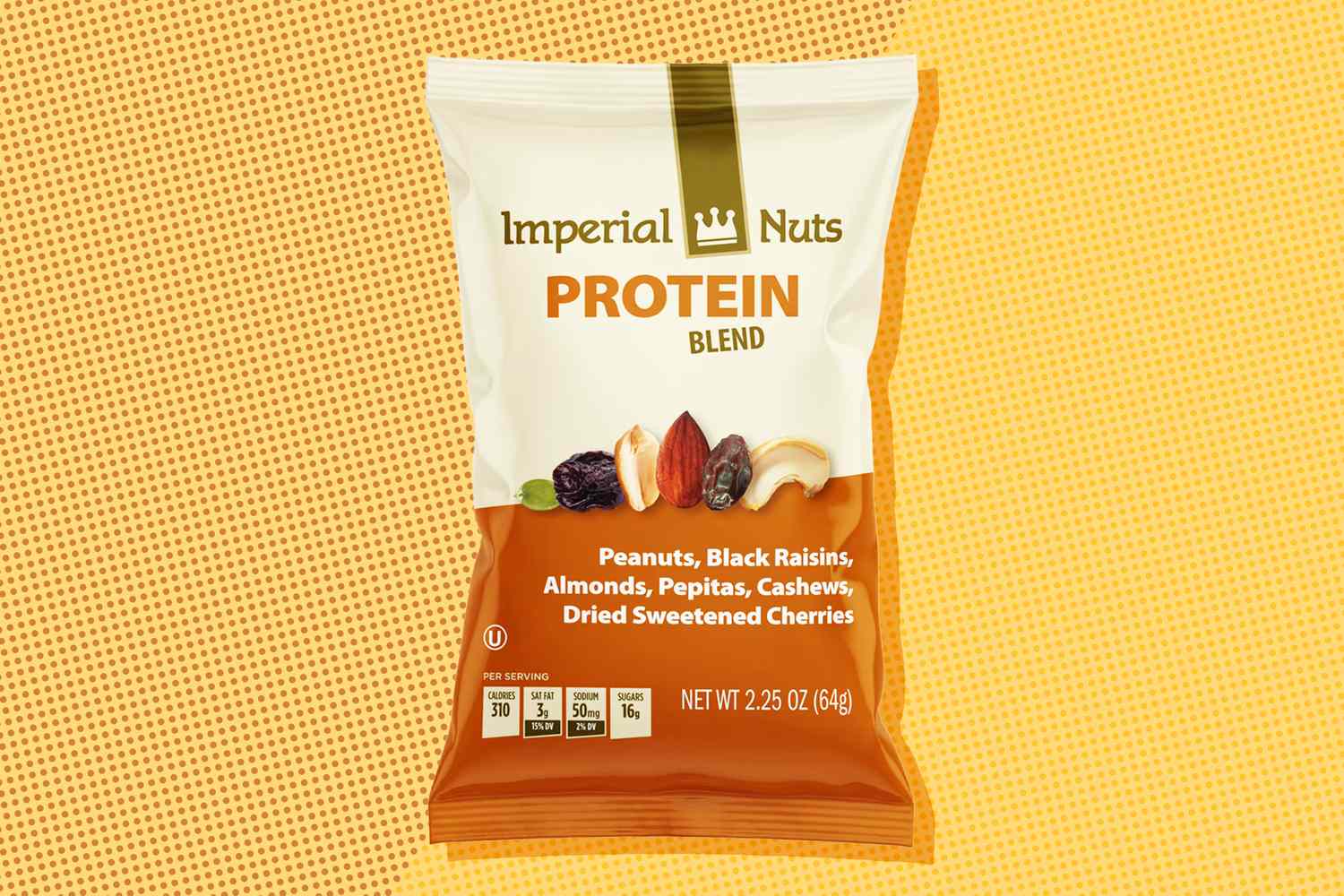 Bag of Imperial Nuts Protein Blend snack mix on a yellow background