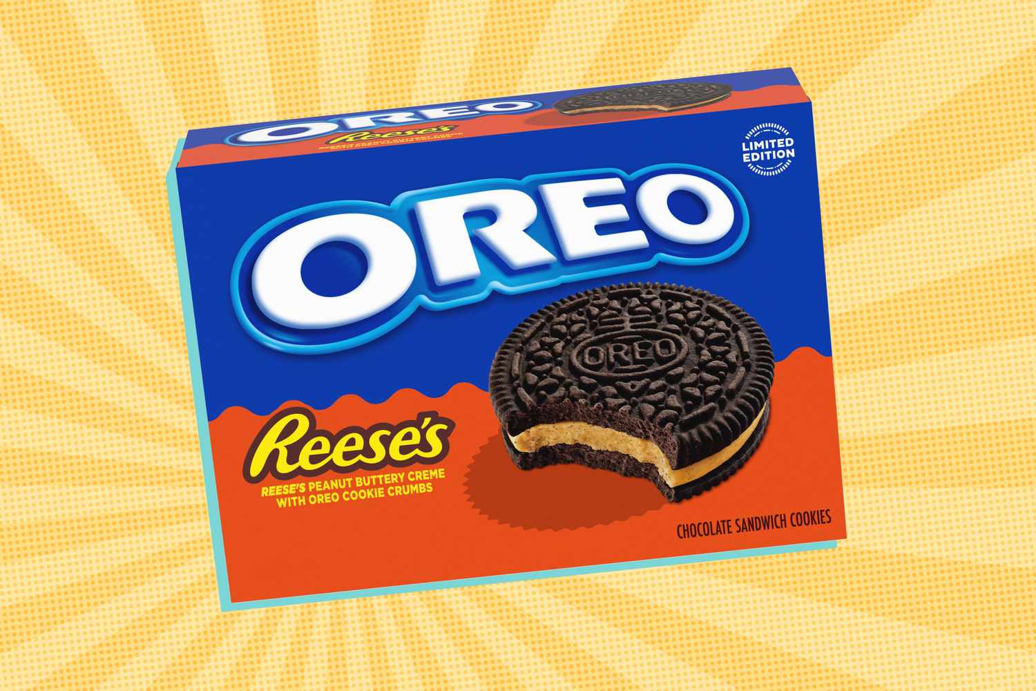 Packaging for Oreo cookies with Reeses peanut butter creme and Oreo cookie crumbs