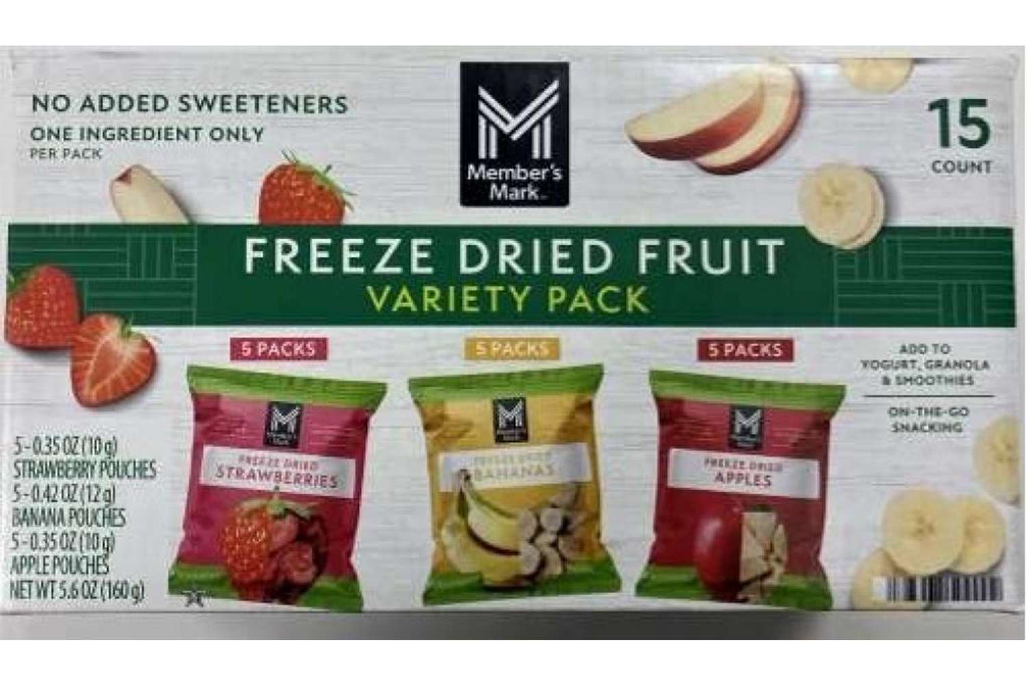 Box of Members Mark Freeze Dried Fruit Variety Pack containing 15 singleserving packs of strawberries bananas and apples