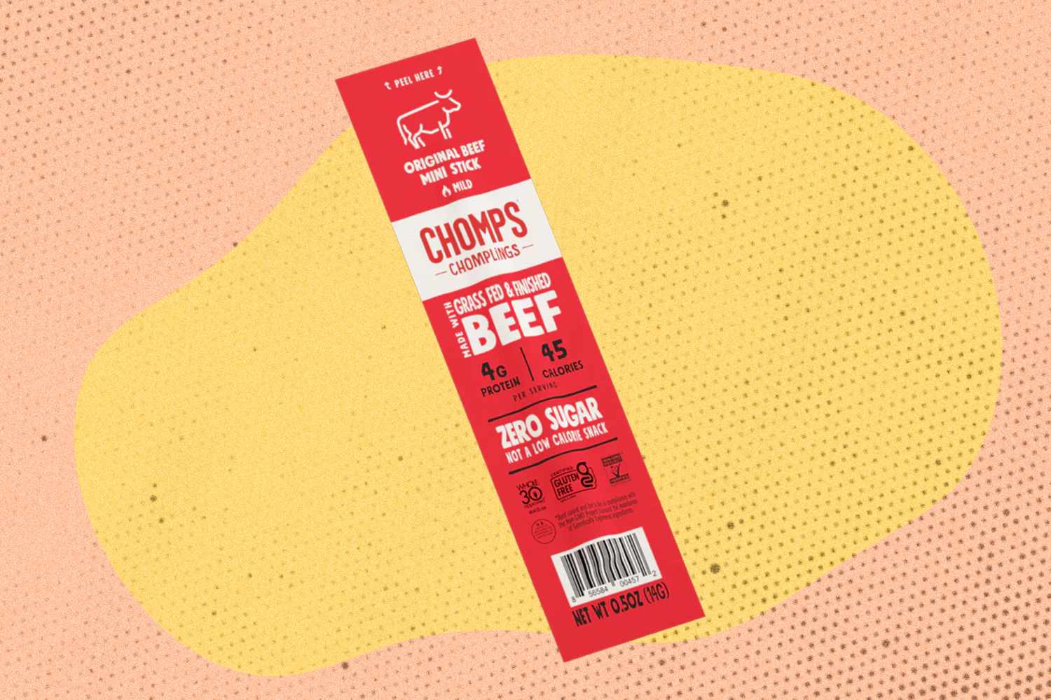 Packaging of Chomps Original Beef Chomplings snack on a dotted background