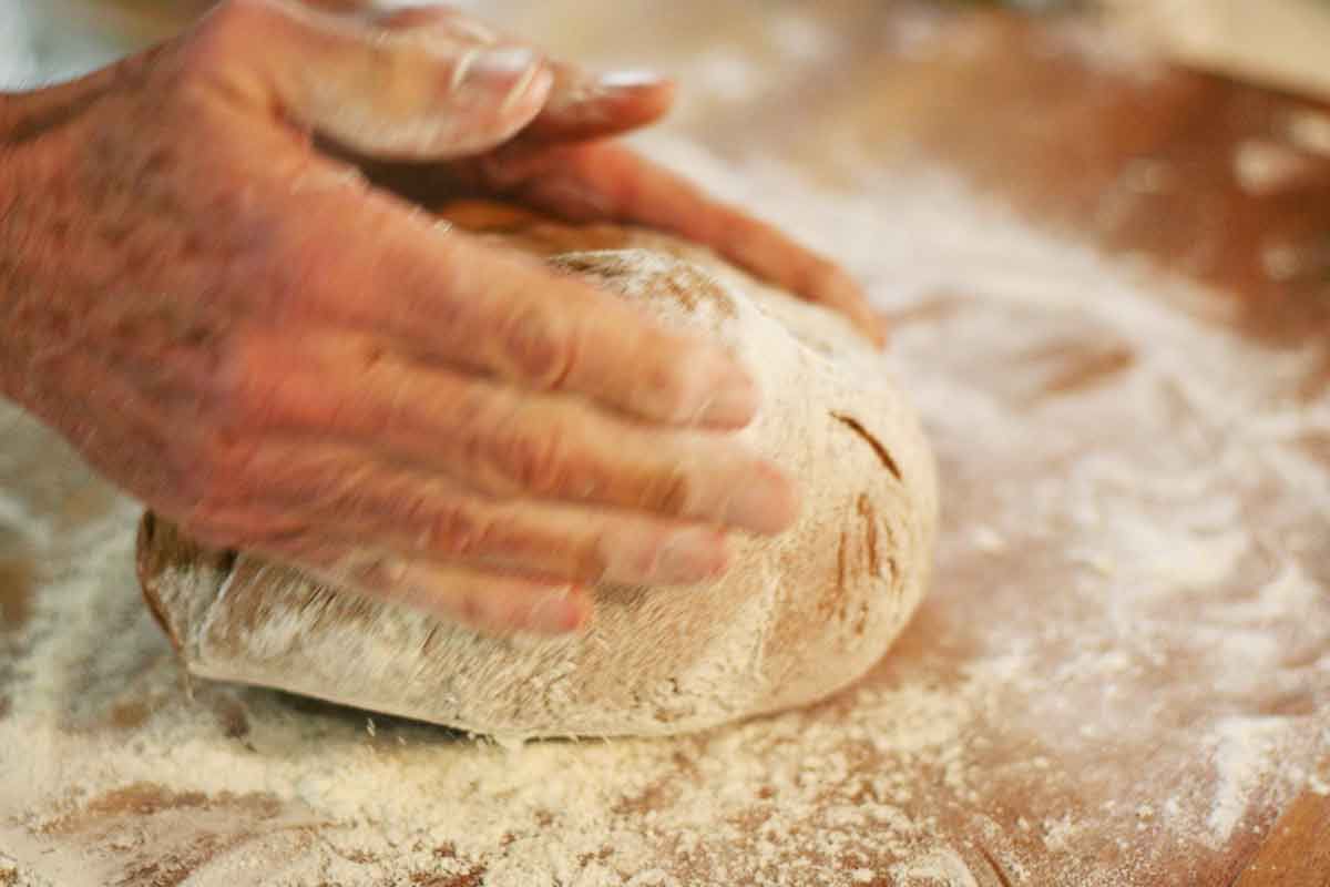 Shaping rye bread dough with hands on a floured surface