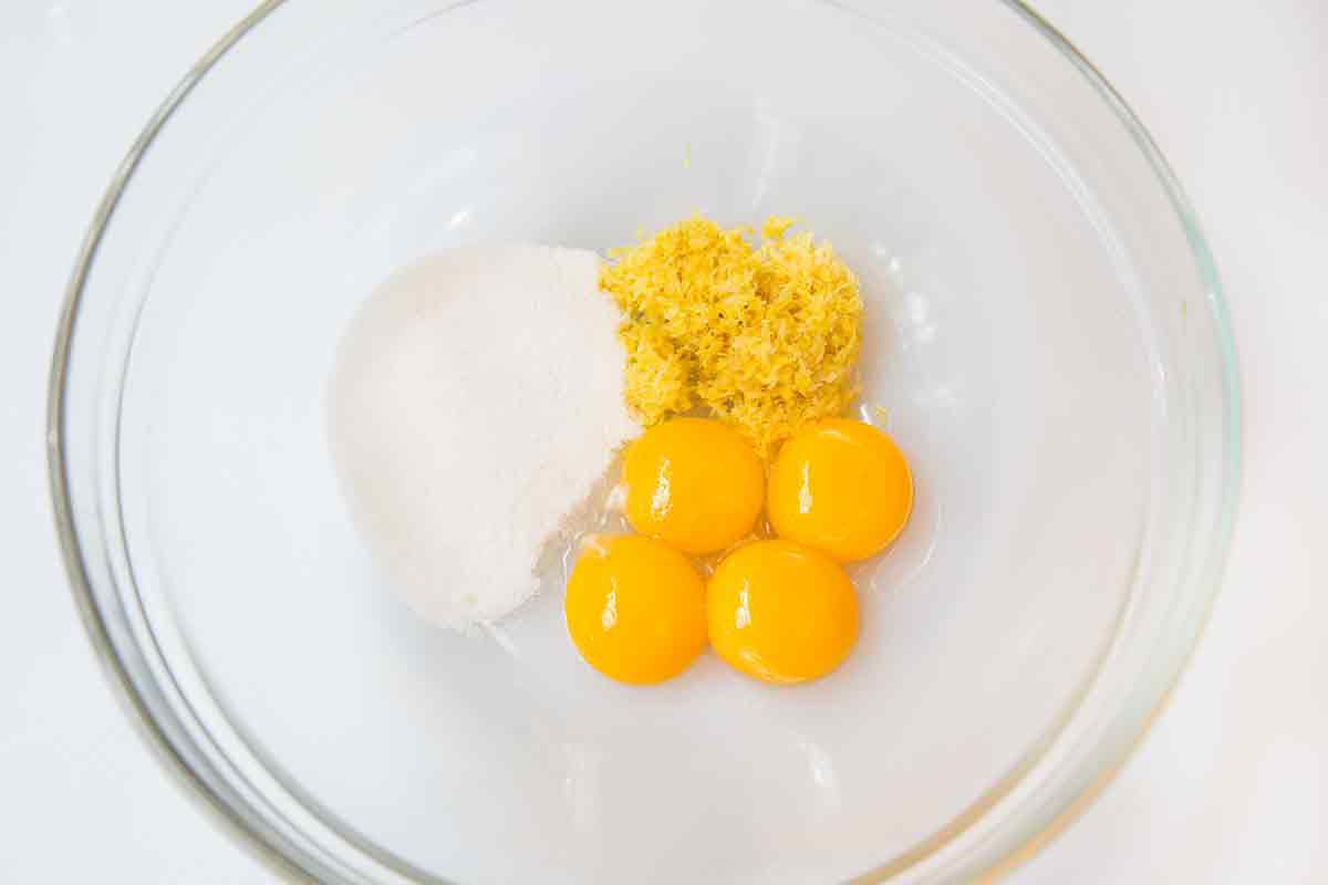 beat egg yolks, sugar, lemon zest for lemon almond flourless cake