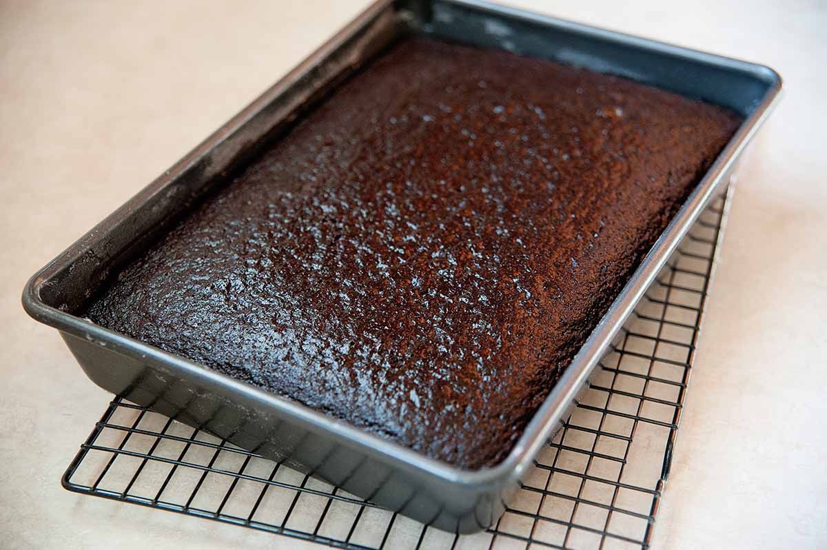 Chocolate Cake with Sour Cream - baked cake cooling