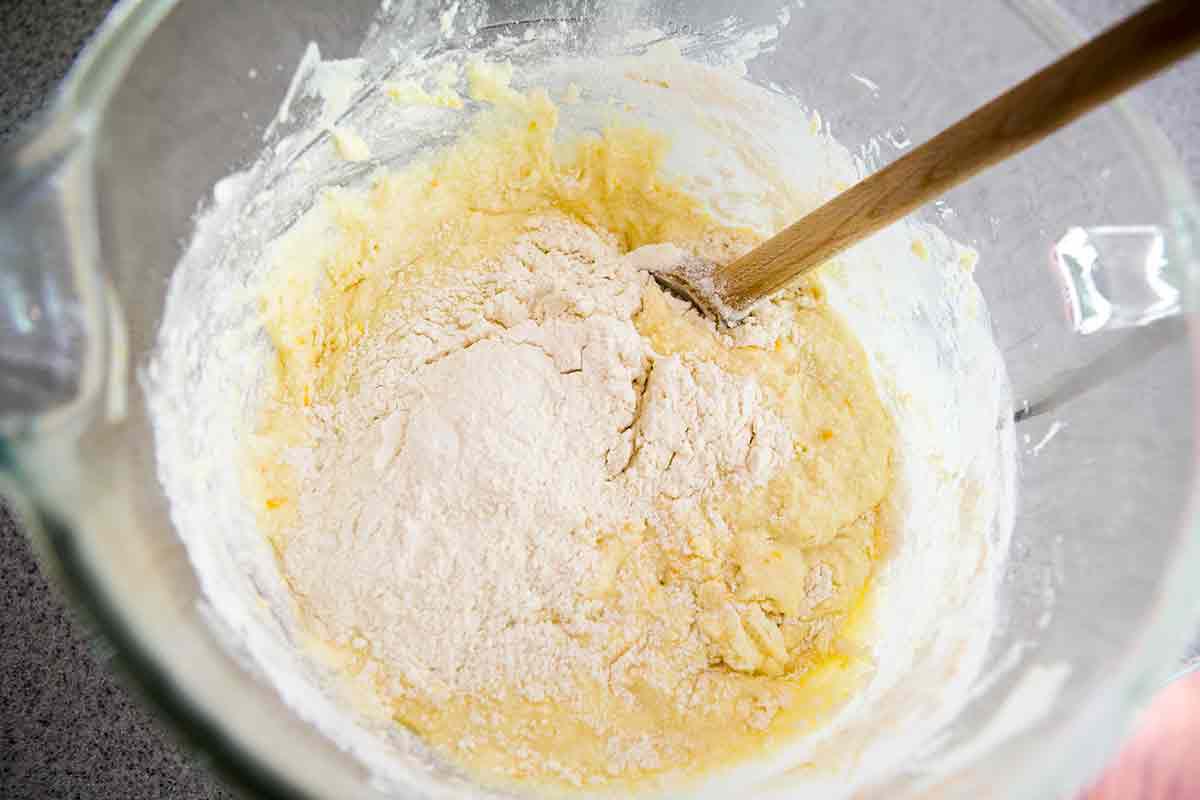 add dry ingredients to lemon blueberry poundcake batter