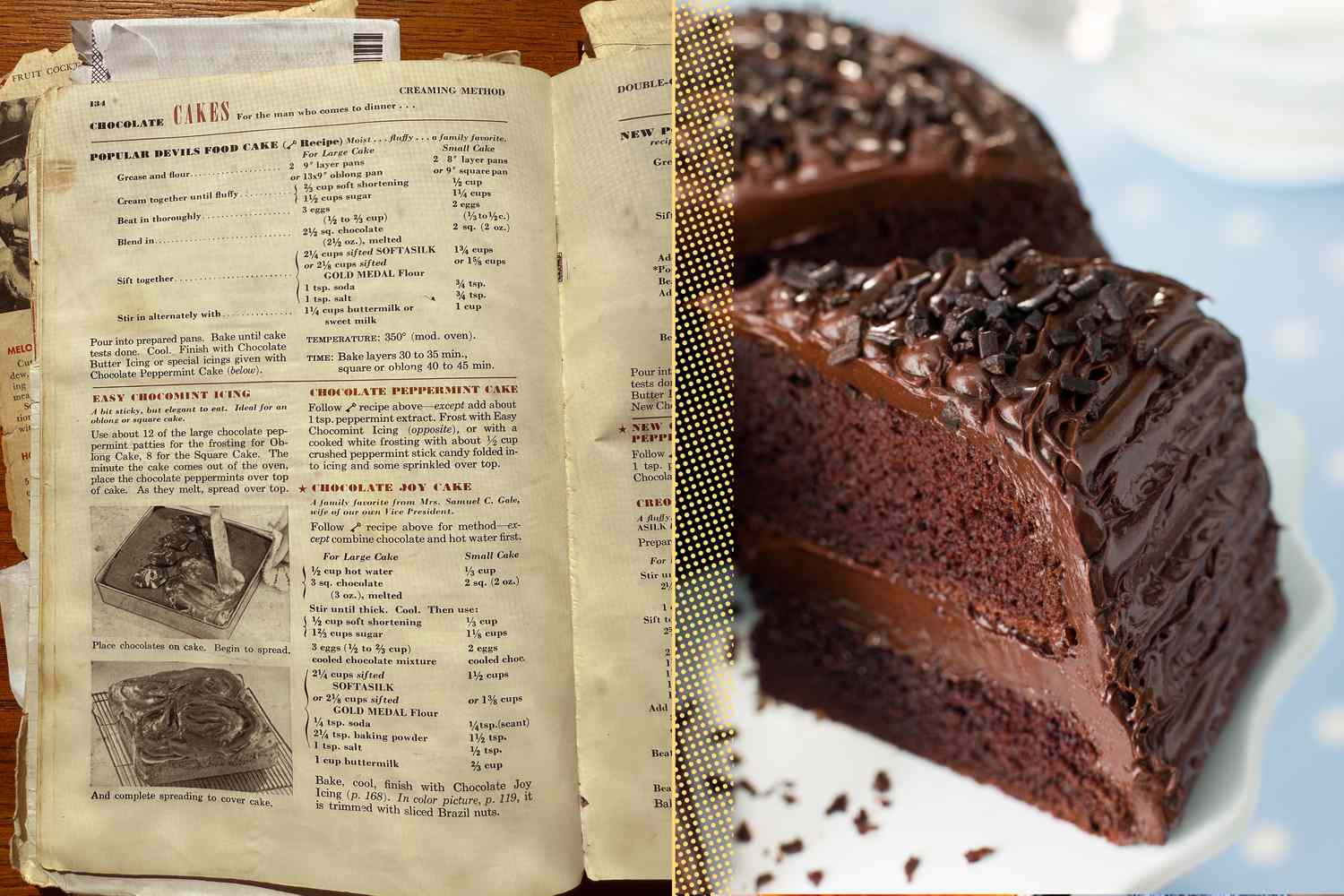 A sidebyside comparison of a vintage recipe book showing a chocolate cake recipe and a modern chocolate layer cake on a plate