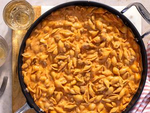 A top view of a skillet with the Cheesy Hamburger Skillet Recipe