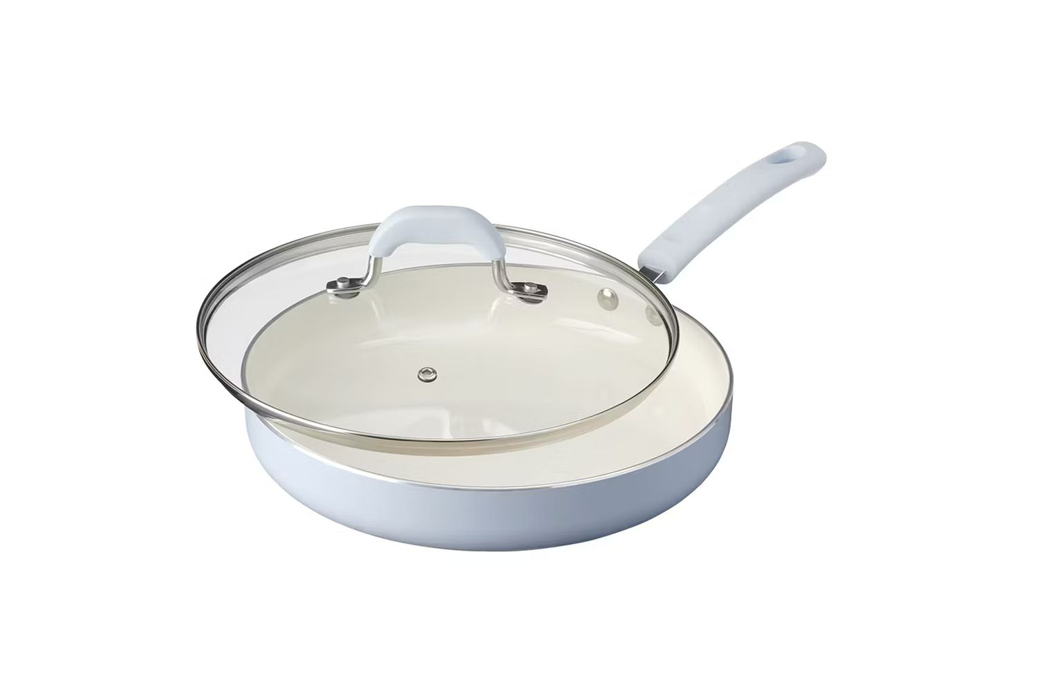 A white ceramic frying pan with a glass lid and a white handle, designed for cooking