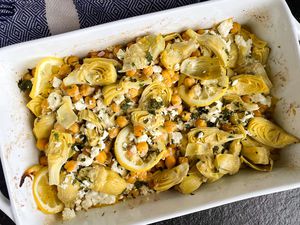 roasted chickpeas, artichokes, and feta