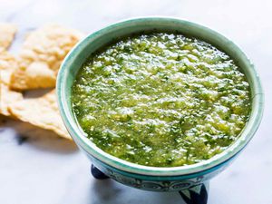 Tomatillo Salsa Verde in a green bowl 