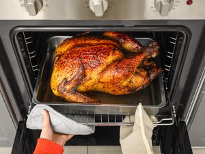 Person removing cooked turkey from an oven