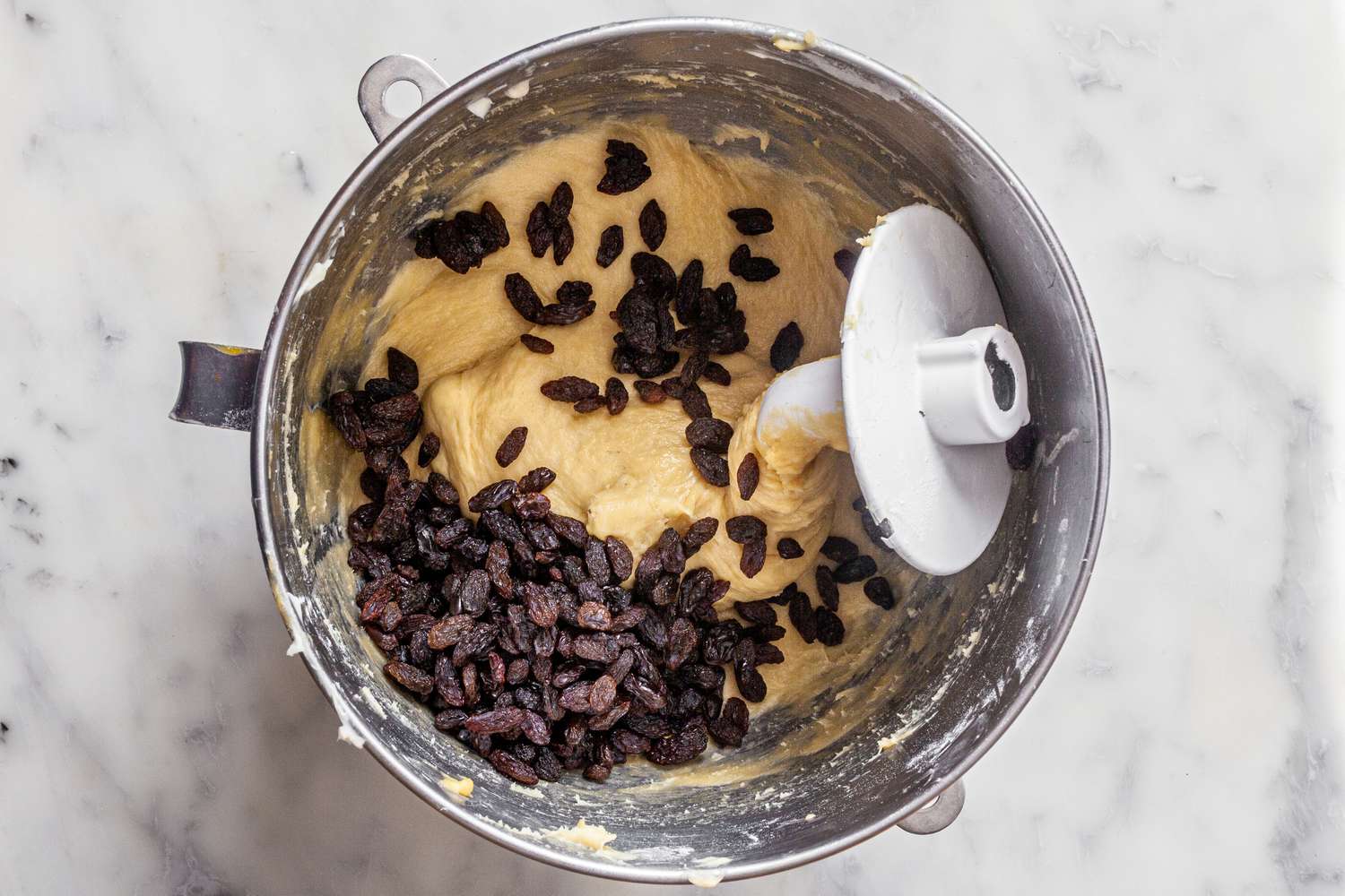 Raisins Added to Brioche Loaf Dough in Mixer Bowl