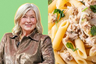 Martha Stewart next to a plate of pasta with tuna