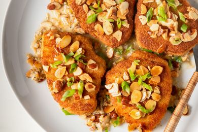 overhead view of Easy Chicken Almondine on a platter