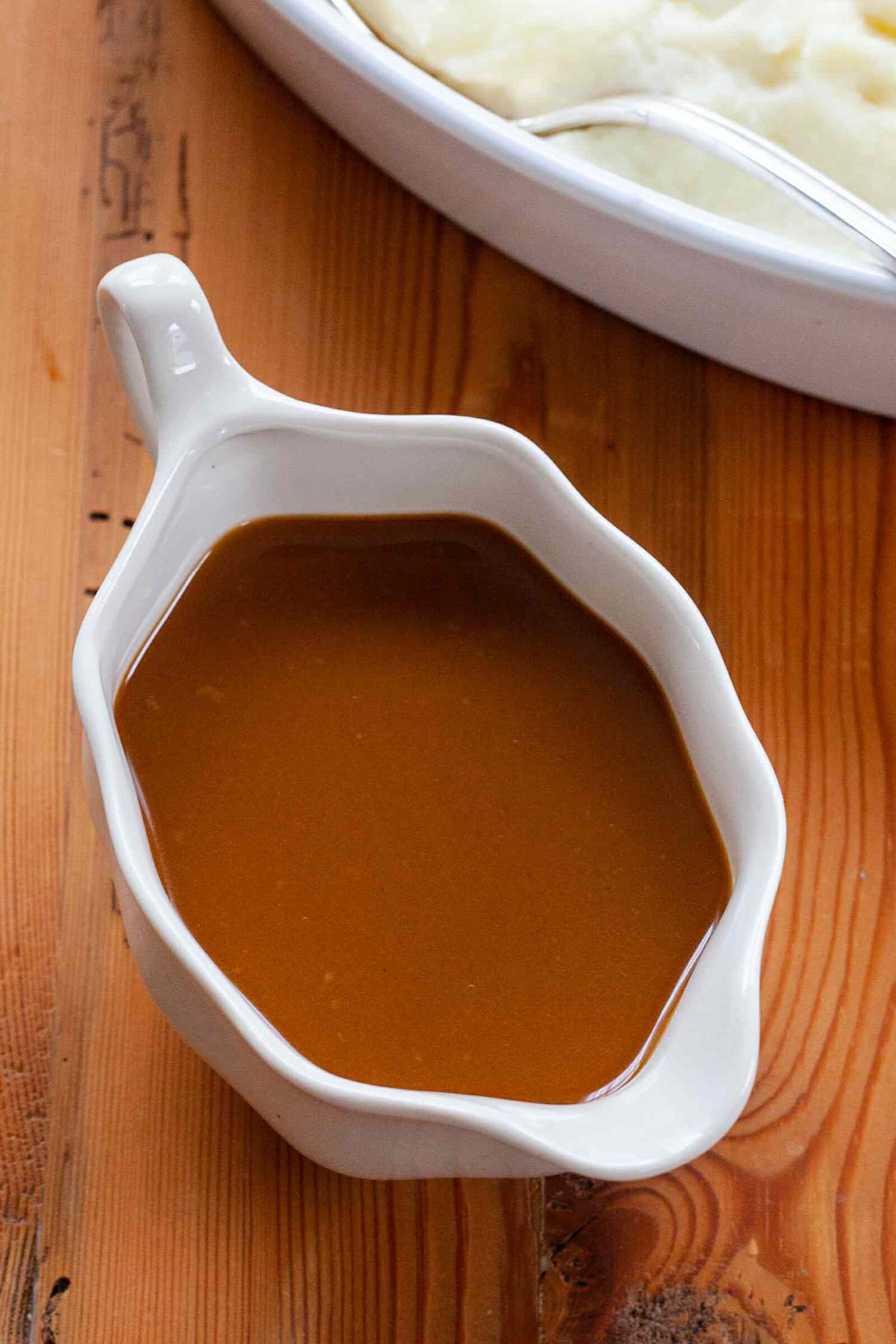 Make Ahead Turkey Gravy in a gravy boat