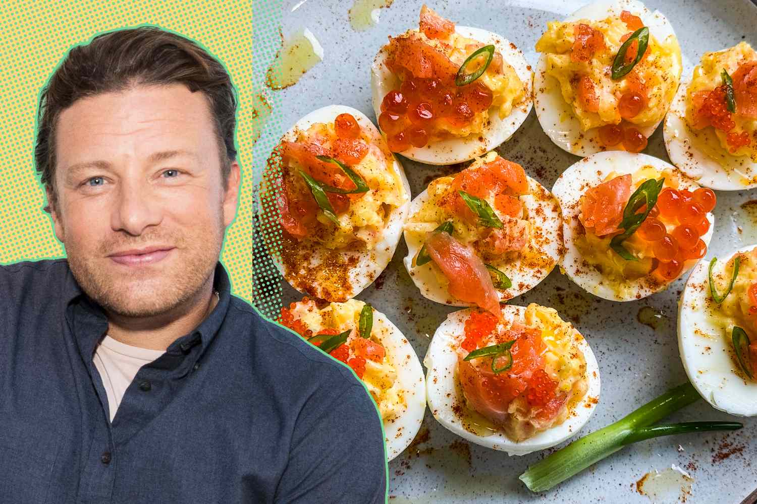 Jamie Oliver and a photo of deviled eggs topped with salmon roe and smoked salmon
