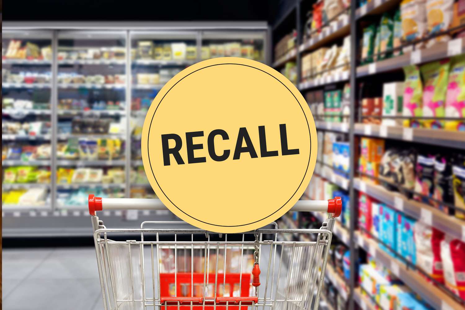 Shopping cart in a grocery store aisle with a large yellow recall sign displayed
