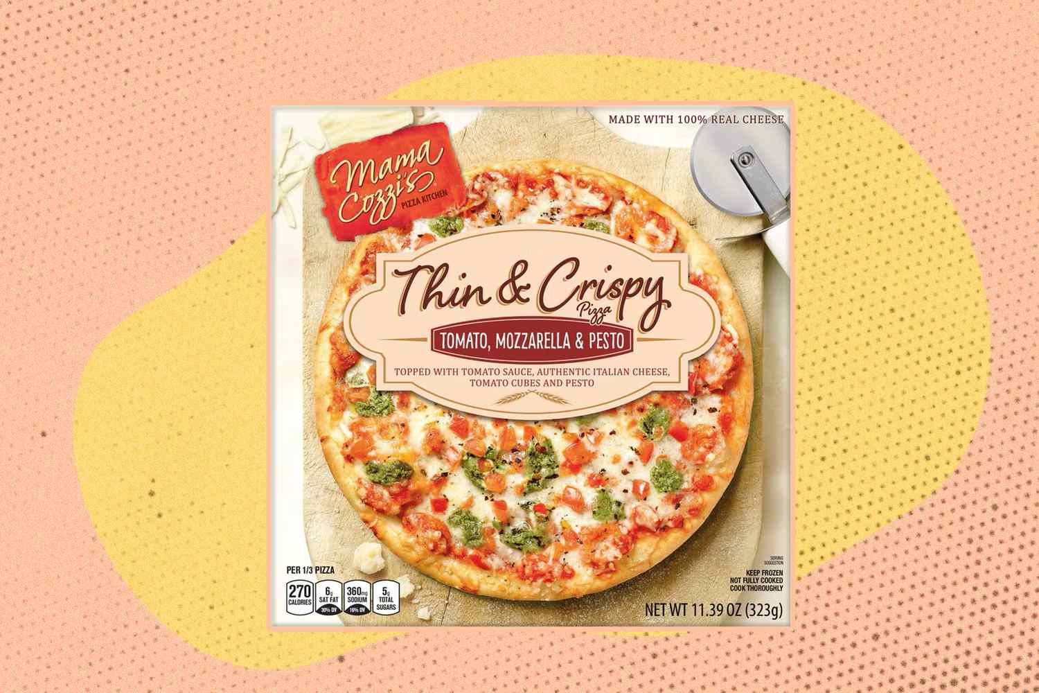 Packaged Mama Cozzi's Thin & Crispy Tomato, Mozzarella & Pesto Pizza