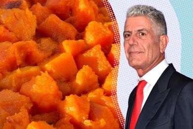 A split image of candied sweet potatoes and Anthony Bourdain