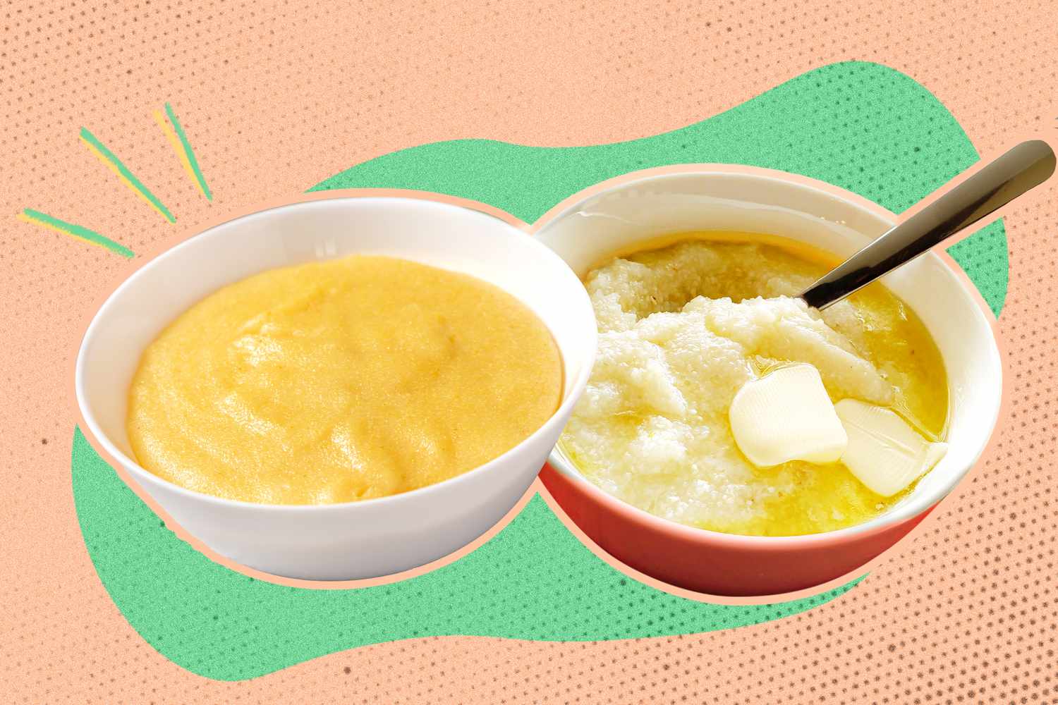 grits and polenta image cutouts over a peach and green graphic