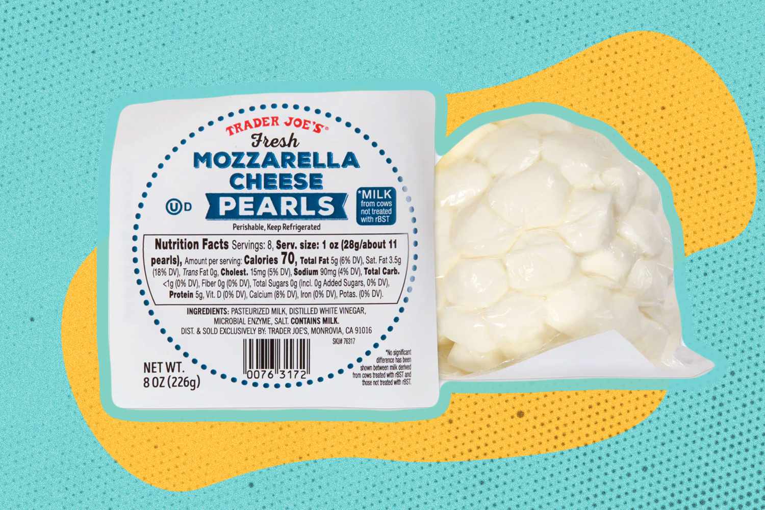Trader Joe's Mozzarella Cheese Pearls on a yellow and blue color blob illustration