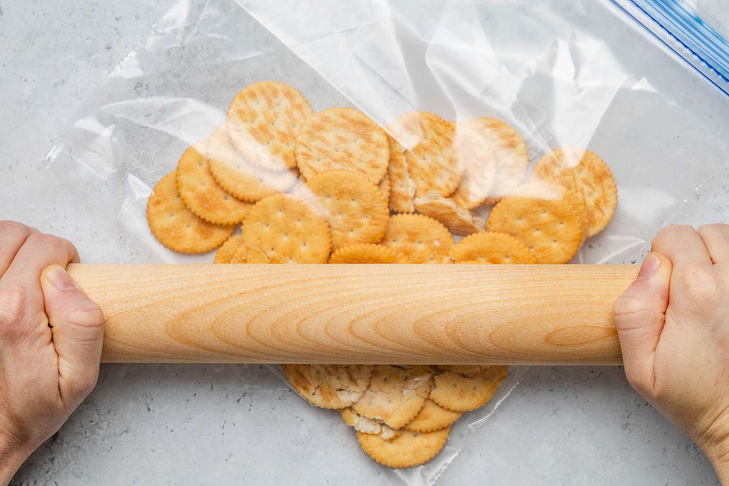 Rolling pin ritz crackers in a ziploc bag