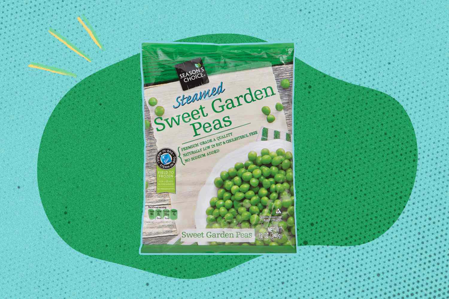 A package of steamed sweet garden peas on a green and blue dotted background
