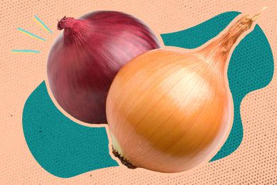 Red onion and yellow onion over a blue and peach color block background