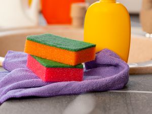 Two kitchen sponges next to a sink