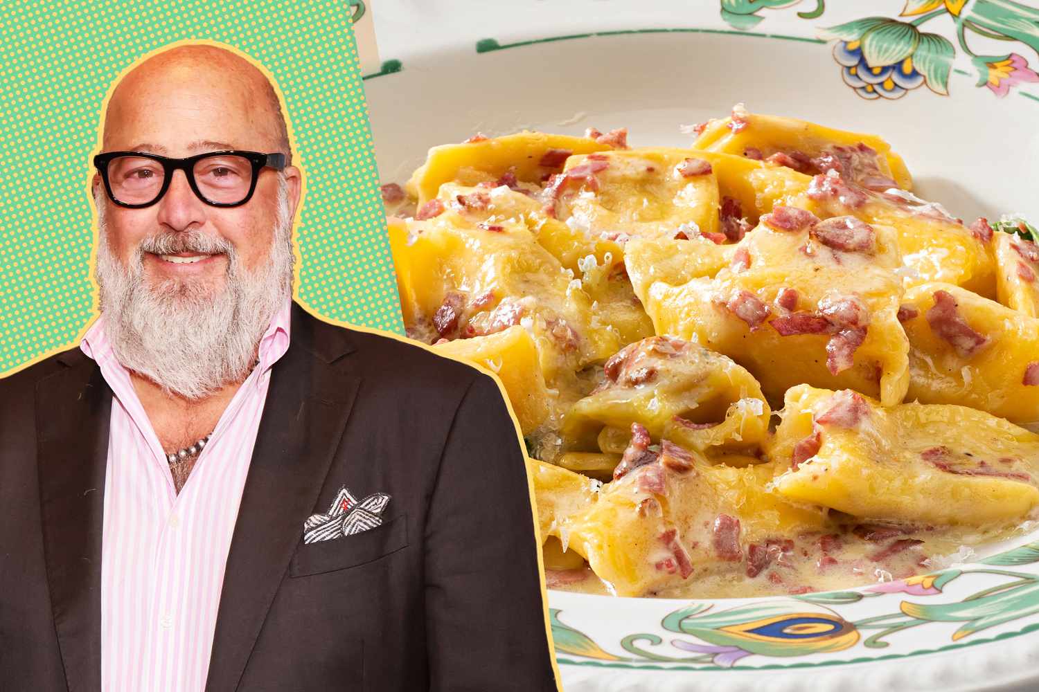 Andrew Zimmern next to a close up of a bowl of rigatoni carbonara