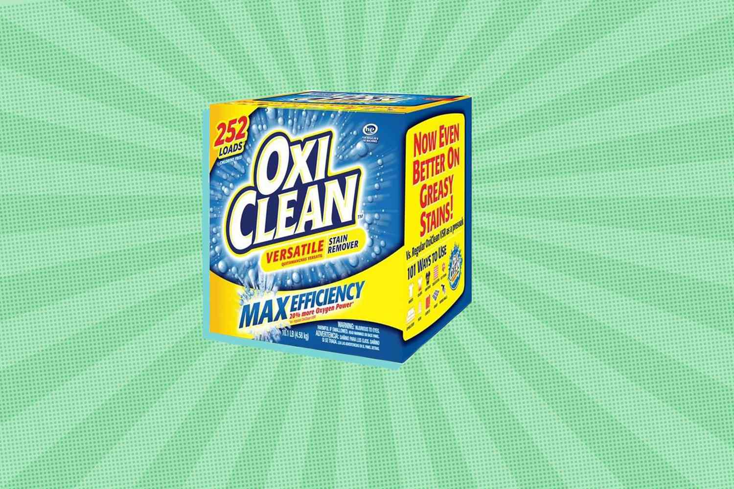 Box of OxiClean versatile stain remover with 'max efficiency' label