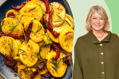 A split image of Martha Stewart and a plate of her three ingredient zucchini salad on a plate