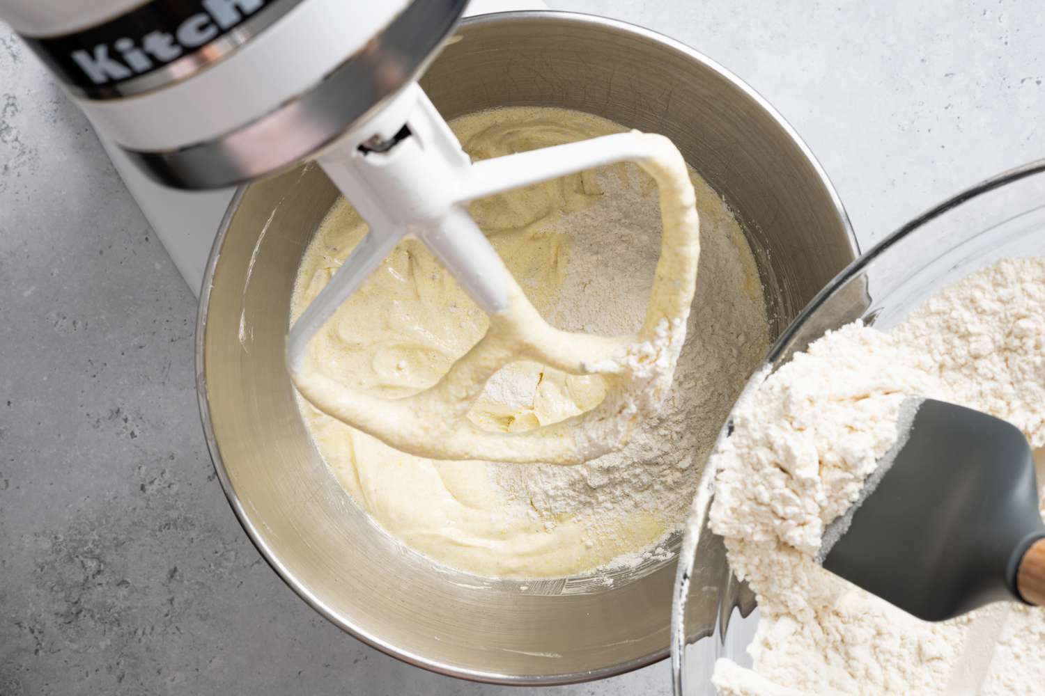 Dry Ingredients Added to Wet Ingredients in Mixer for Lemon and Lavender Cake