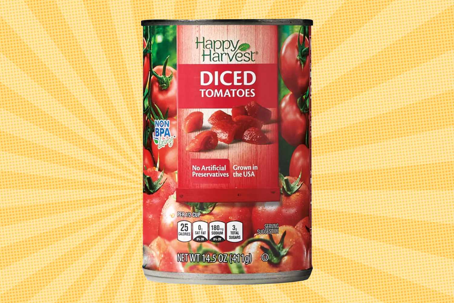 A can of Happy Harvest diced tomatoes on a yellow background