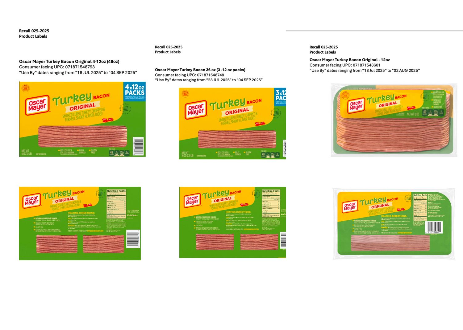 Labels of Oscar Mayer turkey bacon products affected by a recall various packaging views shown for identification
